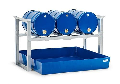 Râtelier à fûts DENIOS pour 3 fûts de 60 litres chacun, avec plateau en acier, 1429 x 1210 x 837 mm, 291-787