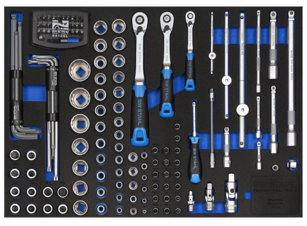 Assortiment de chariots d'atelier SW-Stahl, clés à douille 1/4", 3/8", 1/2", avec cliquets, 144 pièces, Z3011-14
