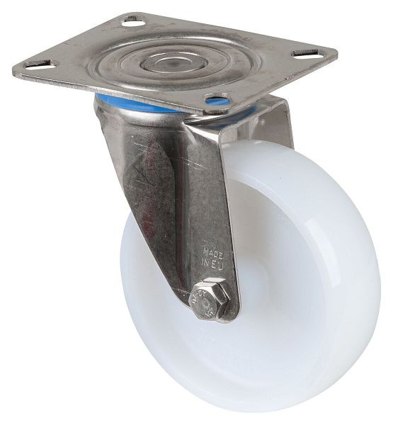 Rouleau de transport BS rollers en acier inoxydable, largeur de roue 30 mm, Ø roue 100 mm, capacité de charge 130 kg, bande de roulement/corps de roue en plastique, palier lisse, plaque, H100.A90.100