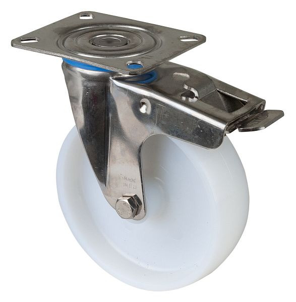 Rouleau de transport en acier inoxydable avec frein, largeur 37,5 mm, Ø125 mm, jusqu'à 130 kg, bande de roulement/corps de roue en plastique, palier lisse, plaque, H120.A90.125