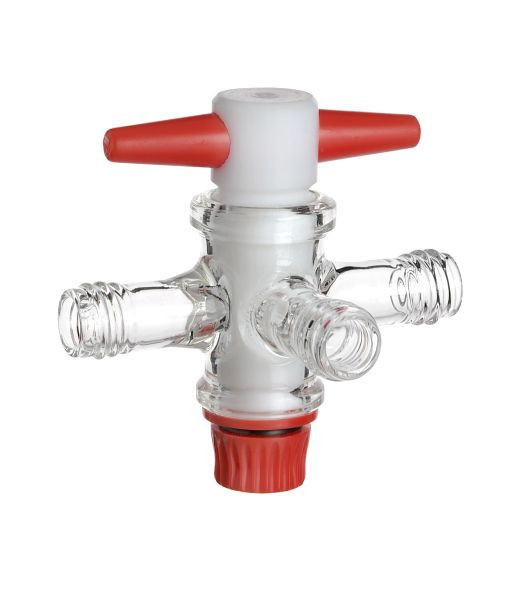 Vanne à trois voies Rettberg avec passage en T, PTFE, NS 18,8/4 mm, raccordements filetage GL 14, verre borosilicaté 3,3, 107000336