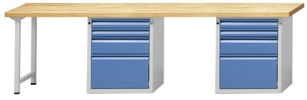Établi combiné ANKE 2 postes de travail; 2800x700mm; RAL7035 / 5012; Au centre et à droite, 1 armoire plinthe, 3 tiroirs