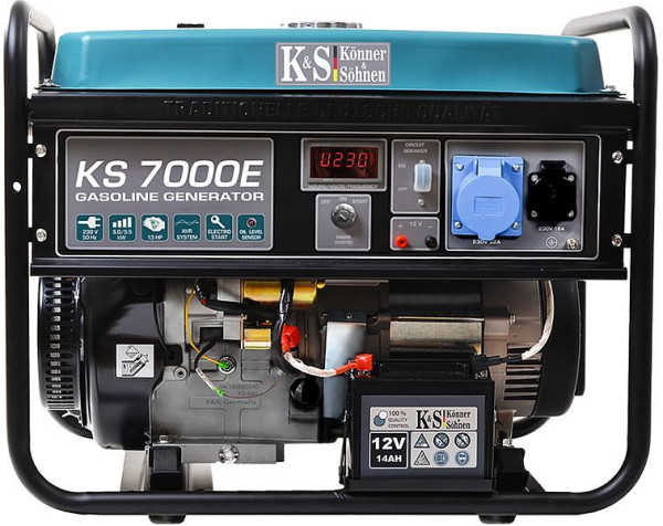 Könner & Söhnen Groupe électrogène essence E-start 5 500 W, 1 x 16 A (230 V)/1 x 32 A (230 V), 12 V, régulateur de tension, protection contre le faible niveau d'huile, protection contre les surtensions, affichage, KS 7000E