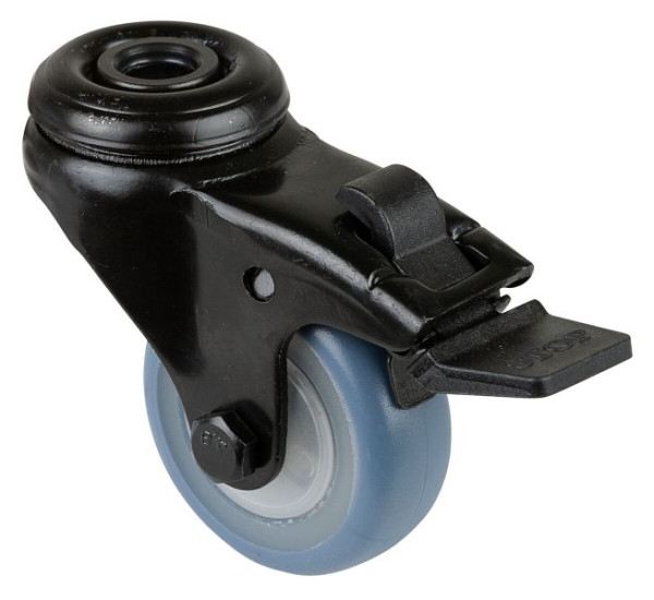 BS Castors Roulette pivotante avec frein noir, roue en caoutchouc thermoplastique bleu clair, roulement à billes, trou arrière, diamètre : 50 mm, lot de 8, A821.A85.050.05