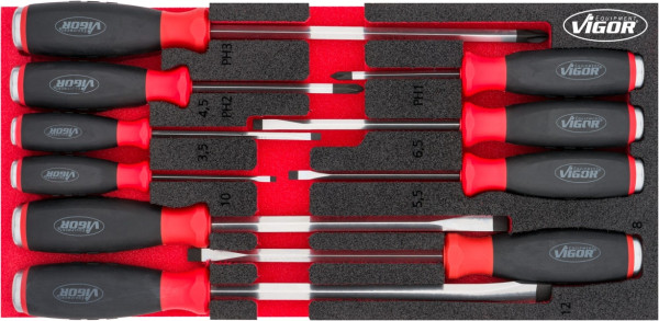 Jeu de tournevis VIGOR avec capuchon impact, profil fente, profil Phillips PH, 0,6 x 3,5 - 2 x 12, PH1 - PH3, nombre d'outils : 10, V5068
