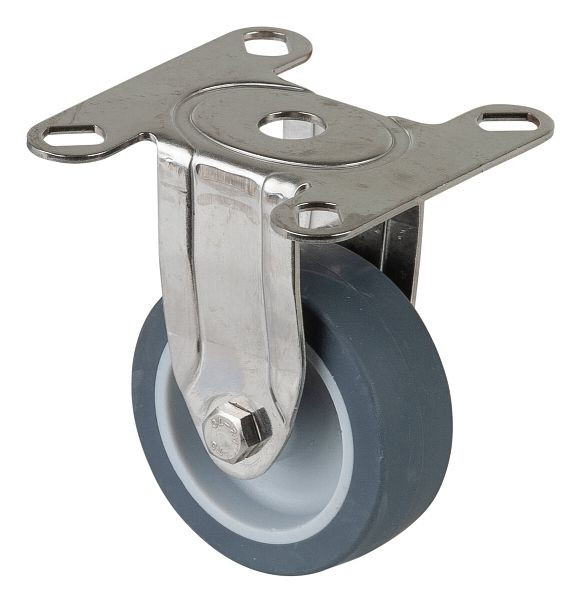 Rouleau d'appareil en acier inoxydable BS rollers, largeur 18 mm, Ø50 mm, jusqu'à 40 kg, bande de roulement en caoutchouc gris, platine, palier lisse, lot de 4, G110.A80.051