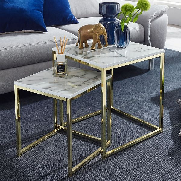 Wohnling Design - Lot de 2 tables d'appoint carrées aspect marbre blanc, WL6.249
