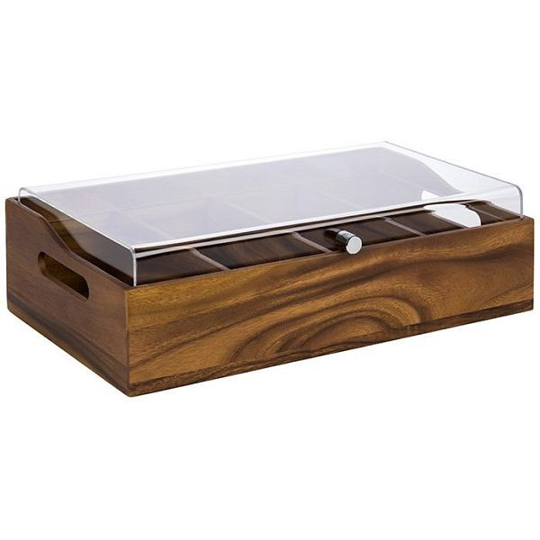 Boîte à couverts APS avec couvercle, 51 x 28 cm, hauteur : 14,5 cm, bois d'acacia, couvercle en acrylique, 4 compartiments, chacun : 26 x 11,5 cm, 11949