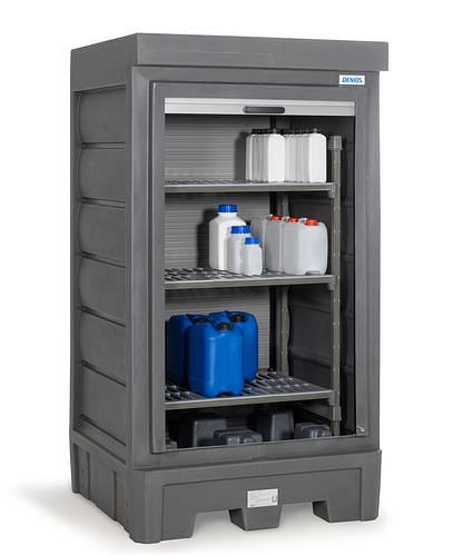 Dépôt de substances dangereuses DENIOS PolySafe D1, avec volet roulant et étagère en plastique pour petits conteneurs, 271-834