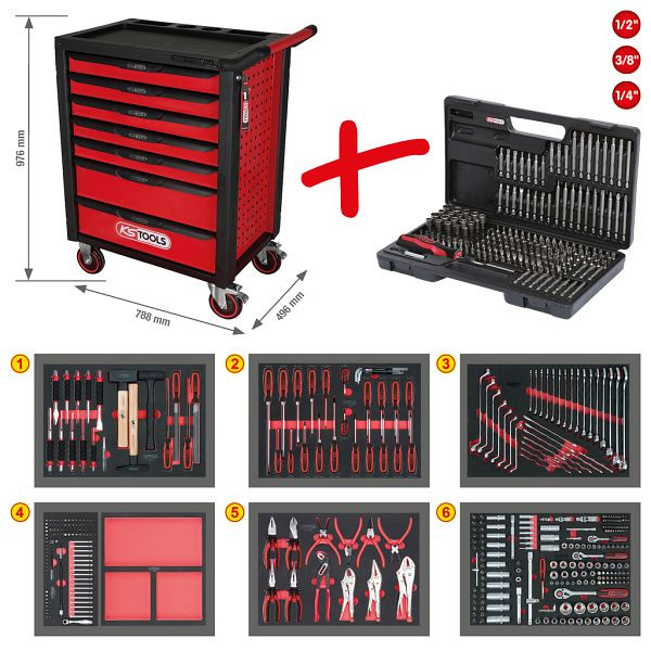 Chariot d'atelier KS Tools RACINGline NOIR/ROUGE avec pack d'inserts 713.0598, 826.7598