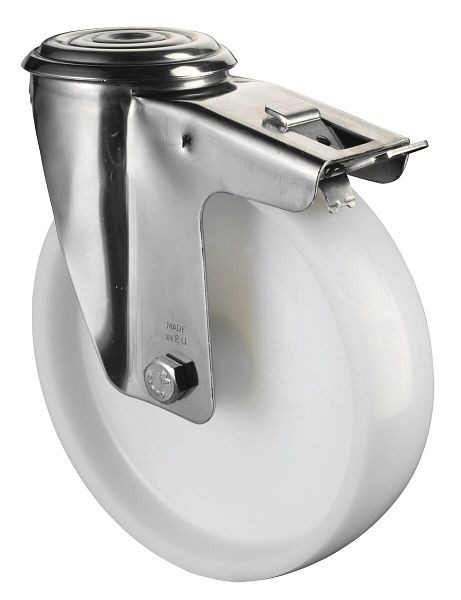 Rouleau de transport BS rollers en inox avec frein, largeur 50 mm, Ø200 mm, jusqu'à 200 kg, bande de roulement/corps de roue en plastique, palier lisse, H121.A90.200