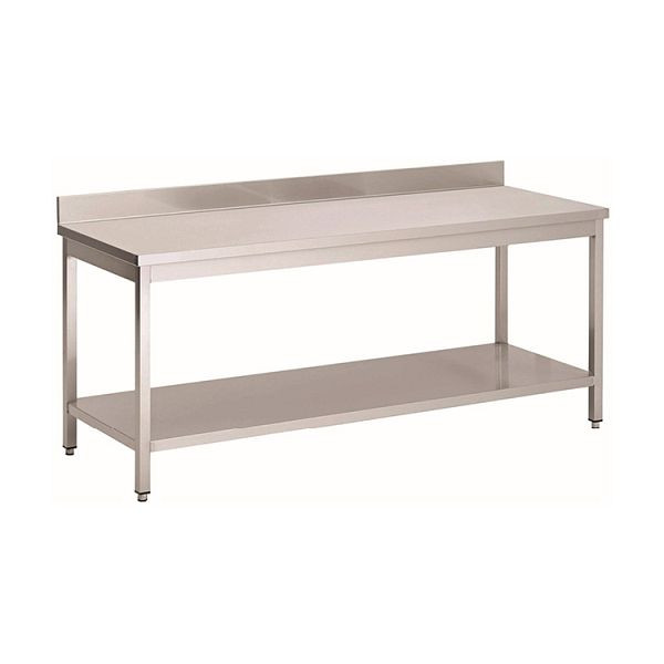 Table de travail Gastro-Inox en acier inoxydable AISI 430 avec base et dosseret, 700x600x850mm, renforcée de 18 mm d'épaisseur, aggloméré enduit, 301.176