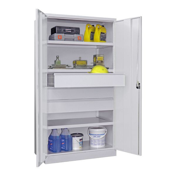 Armoire pour charges lourdes Pavoy 1950/1040/630, 3 étagères, 3 tiroirs chacune de 175 mm de hauteur, portes battantes, poignée rotative avec serrure à cylindre, 36365-104-002-905118