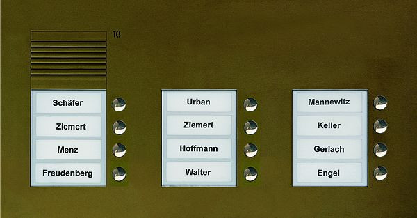 Station extérieure audio TCS série PUK 12 boutons de sonnette (alignés à droite), 3 colonnes, UP bronze, PUK12/3-EB