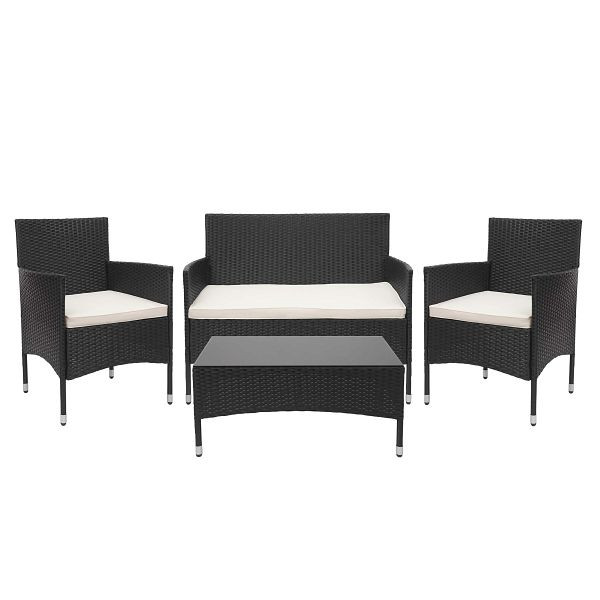 Ensemble en rotin synthétique Mendler HWC-F55, ensemble de canapés pour balcon/jardin/salon, noir, coussins crème, 69813