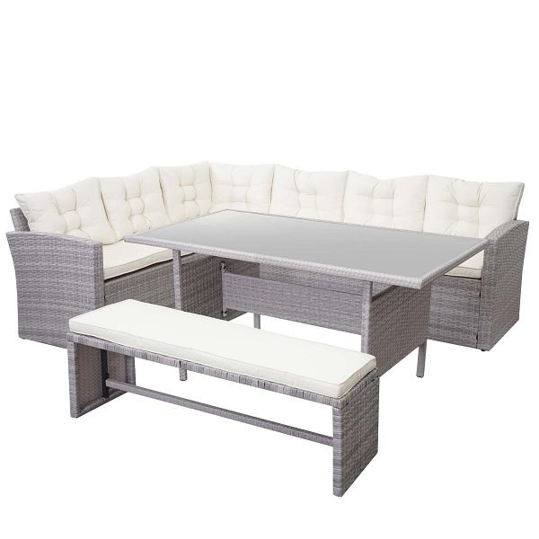 Ensemble de polyrotin Mendler HWC-A29, ensemble de jardin, ensemble de table à manger de salon, canapé, gris clair, coussins crème + banc, 64384+64385