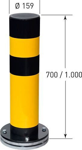 Borne de protection contre les chocs Moravia, revêtement plastique jaune, rayures noires, plaque de base rotative, Ø : 159 mm, 311072