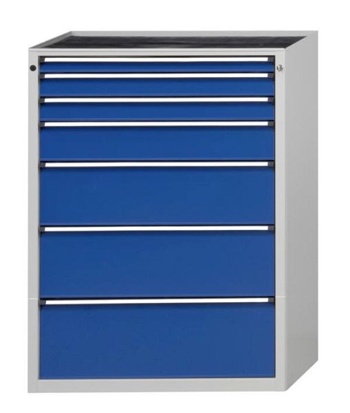 Armoire à tiroirs ANKE; 915 x 700 x 1320 mm; RAL 7035/5010; Plateau en hêtre massif 40 mm; 7 tiroirs 60, 90, 90, 150, 240, 270, 300 mm, 610.309