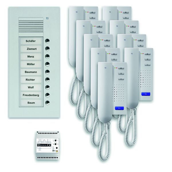 Système de commande de porte audio TCS : pack UP pour 9 unités résidentielles, avec poste extérieur PUK 9 boutons de sonnerie, 9x interphones ISH3030, unité de commande BVS20, PPU09-EN / 02