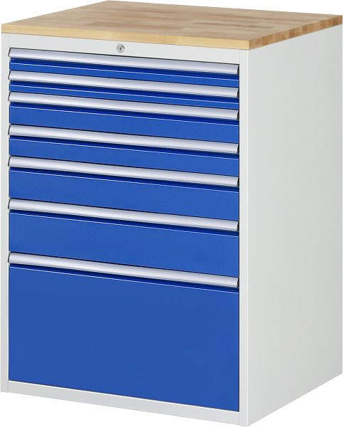 Armoire à tiroirs RAU série 7000, L770xP650xH1035mm, tiroirs : 2xH60, 2xH90, 1xH120, 1xH150, 1xH360mm, plan de travail en hêtre massif, 03-XL7.9A-B.11