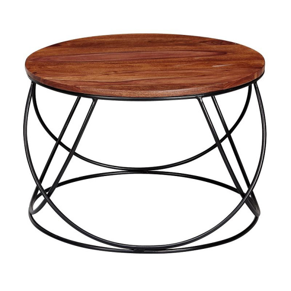 Wohnling Table basse Sheesham bois massif / métal 60 x 40 x 60 cm, table de salon ronde marron massif, table de canapé table moderne en bois, WL6.171