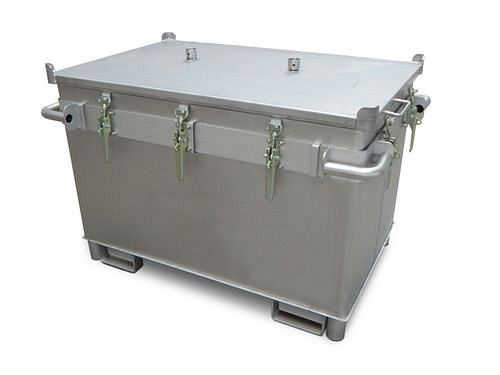 Boîtier de batterie DENIOS en acier inoxydable, 466 litres, M-Box X1, remplissage PyroBubbles®, 261-761