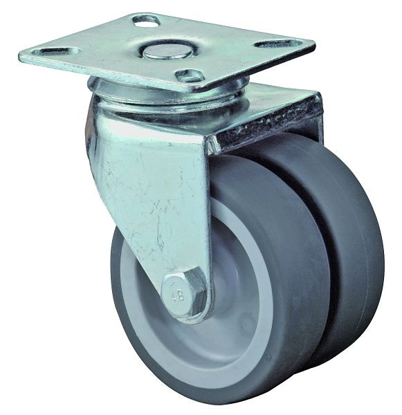 Appareil à rouleaux BS double rouleau, largeur de roue 2x24 mm, roue Ø 75 mm, capacité de charge 80 kg, caoutchouc gris, palier lisse, plaque, lot de 4, B100.A80.075