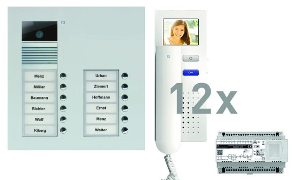 Vidéo du système de contrôle de porte TCS : pack UP pour 12 unités d'habitation, avec platine de rue AVU 12 boutons de sonnerie, 12x visiophone IVH3222, commande, PVU16120-0010