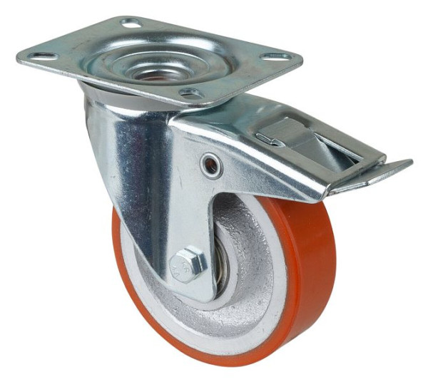 Rouleau de transport BS rollers avec frein, largeur 30 mm, Ø100 mm, jusqu'à 125 kg, polyuréthane coulé 95 Shore A, corps de roue coulé, roulement à billes, L420.C10.100