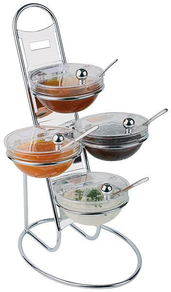 Échelle de buffet APS, 3 marches, Ø 30 cm environ, hauteur 48 cm, métal, chromé, 12 éléments, 4 bols en verre Ø 14cm, 4 couvercles de protection, pliable, 11498