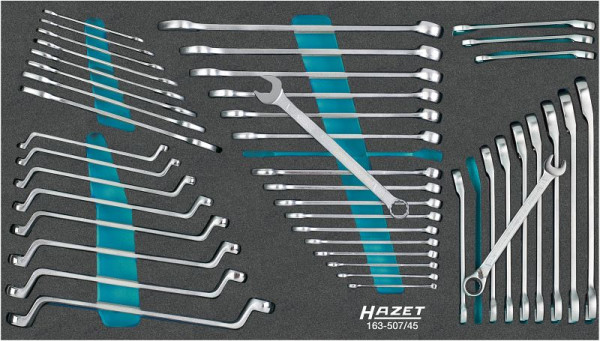 Jeu de clés Hazet, profil de traction double hexagonal externe, profil hexagonal externe, 6 x 7 - 21 x 22, 6 - 24, nombre d'outils : 45, 163-507/45