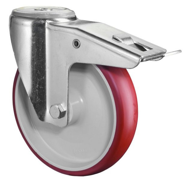 Rouleau de transport BS rollers avec frein, largeur 45 mm, Ø200 mm, jusqu'à 250 kg, bande de roulement en polyuréthane rouge, corps en plastique, roulement à rouleaux, L121.B31.200