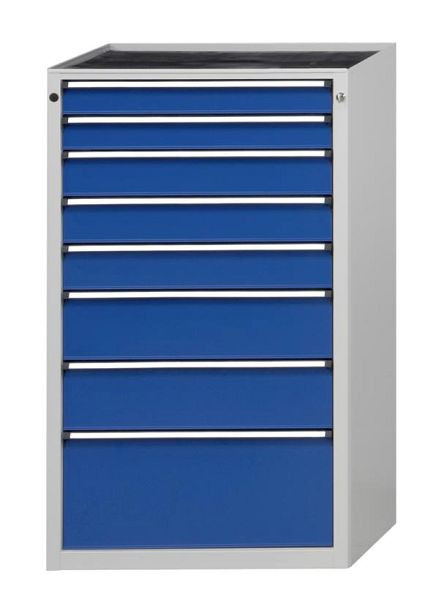 Armoire à tiroirs ANKE; 760 x 675 x 1280 mm; RAL 7035/5010; Baignoire avec tapis antidérapant; 8 tiroirs 90, 90, 120, 120, 120, 180, 180, 300 mm, 610.106