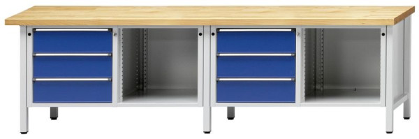 Établi d'armoire ANKE; 2 postes de travail; 2800x700 mm; RAL 7035/5010; A gauche 3 tiroirs 180 mm; Sujet ouvert droit