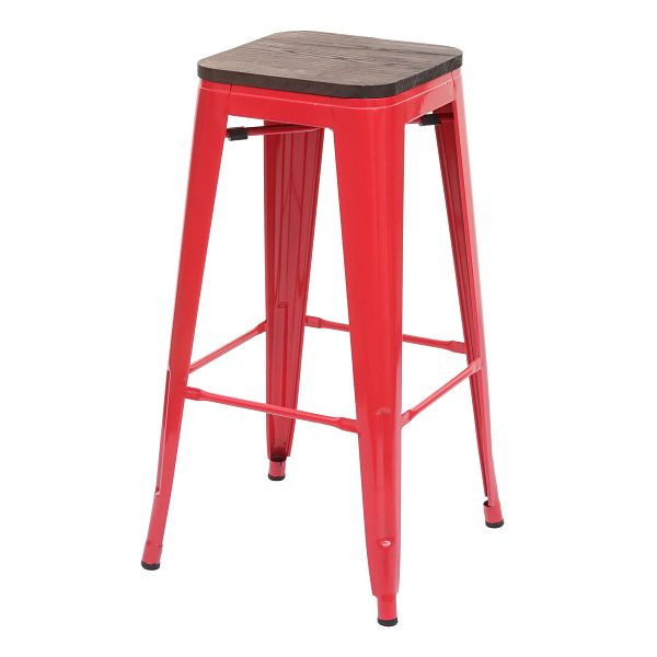 Tabouret de bar Mendler HWC-A73 avec assise en bois, tabouret de bar, design industriel en métal, empilable, rouge, 74922