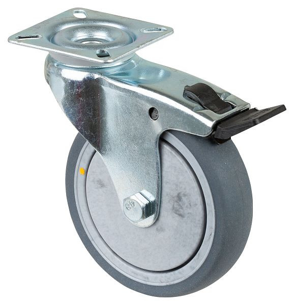 Rouleau d'appareil BS rollers, plaque, frein, largeur 28 mm, Ø100 mm, 70 kg, caoutchouc gris, conducteur d'électricité, lot de 2, A320.A89.100