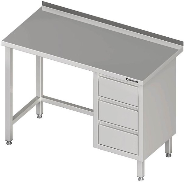 Table de travail Stalgast sans étagère de base, 1500x600x850 mm, avec bloc 3 tiroirs à droite, avec dosseret, soudé, VAT15608RA