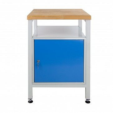 Etabli étroit ADB avec 1 porte et étagère, dimensions : 600x600x840mm (LxPxH), couleur de la table de travail : gris, RAL 7035, couleur de la porte : bleu clair, 41937