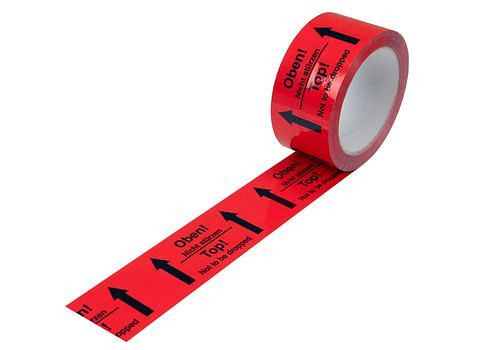 Ruban adhésif d'avertissement DENIOS, PP, impression supérieure, rouge signal, 50 mm de large x 66 m, paquet : 12 rouleaux, 299572