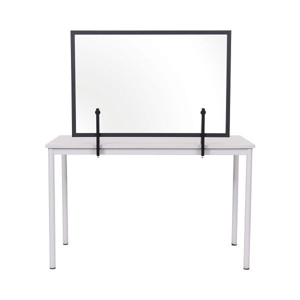 Cloison Bi-Office, pare-éclaboussures, panneau en verre avec clips métalliques à fixer à la table, avec 2,2 cm de large, cadre en MDF noir, 90x60 cm, GL07011601