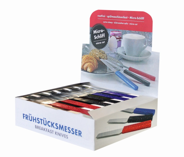 Présentoir de comptoir Schneider couteaux de petit-déjeuner, 30 couteaux/présentoir, 10 x rouge, 10 x bleu, 10 x noir, 261810