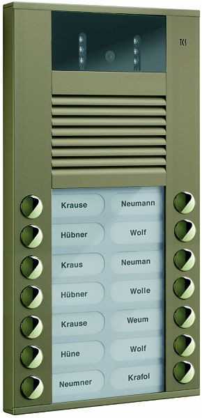 Poste de porte vidéo TCS avec caméra à 130 degrés série AVE avec 14 boutons de sonnette (alignés à droite/gauche), AP bronze, AVE14143-0012