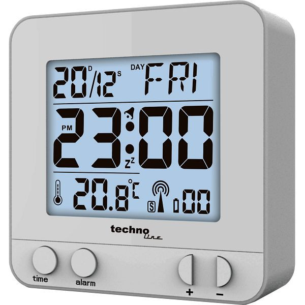 Réveil radio-piloté Technoline argent, horloge radio-pilotée DCF-77 avec possibilité de réglage manuel, dimensions : 80 x 80 x 30 mm, WT 235 argent