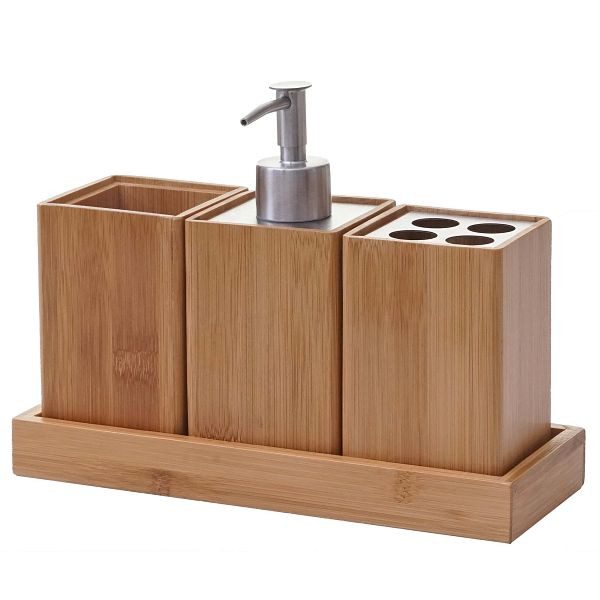 Ensemble de salle de bain 4 pièces Mendler HWC-B85, ensemble de salle de bain accessoires de salle de bain distributeur de savon porte-brosse à dents, bambou, 60733