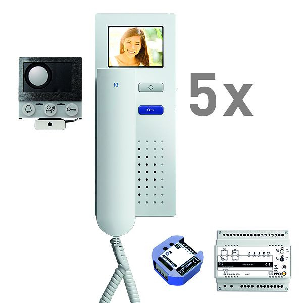 Boîte vocale encastrable vidéo TCS, 5 unités résidentielles, haut-parleur encastrable ASI12000 + 5x interphone IVH3222, appareil de commande + transmetteur vidéo bifilaire, PVIH050/001