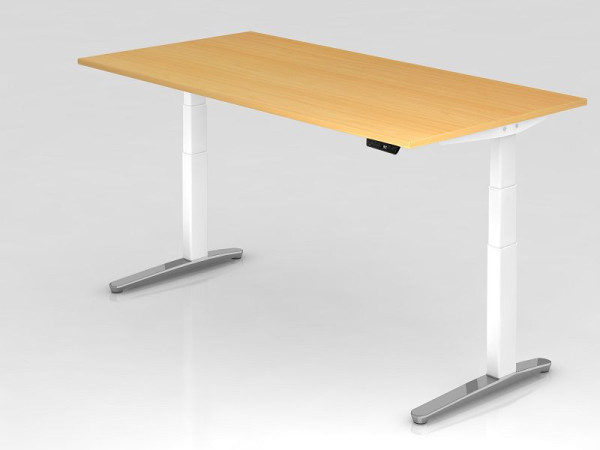 Bureau assis-debout électrique Hammerbacher 200x100cm hêtre/blanc, poli, forme rectangulaire, VXBHM2E/6/WC