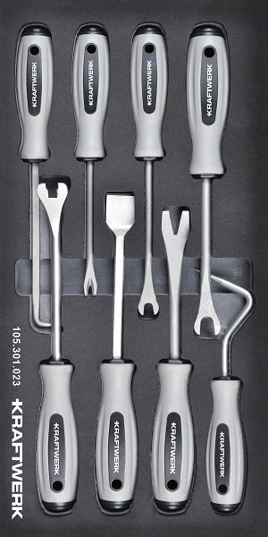 Kit de déverrouillage de carénage Kraftwerk BASIC LINE EVA, clip et outil de déverrouillage, 8 pièces. Insert 20x40, 105.301.023