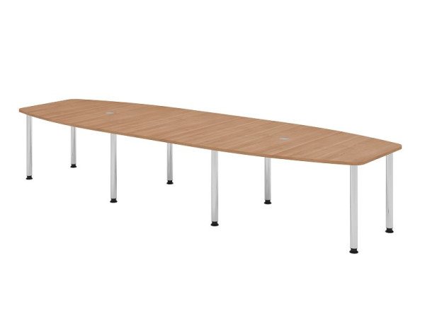 Table de conférence Hammerbacher KT40C, 400 x 130 cm, plateau : noyer, épaisseur 25 mm, structure à huit pieds chromée, tube rond 6 cm, hauteur de travail 72-74 cm, VKT40C/N/C
