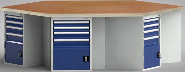 Etabli KLW PROFI de forme hexagonale avec plateau multiplex en hêtre de forme hexagonale 2338 x 2700 x 45 mm L x l x P, WP620N-1350M45-E8009