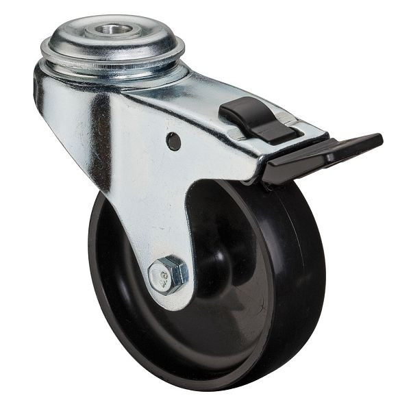 Rouleau d'appareil BS rollers avec frein, largeur 23 mm, Ø75 mm, jusqu'à 50 kg, bande de roulement en plastique noir, palier lisse, lot de 8, A321.A90.075